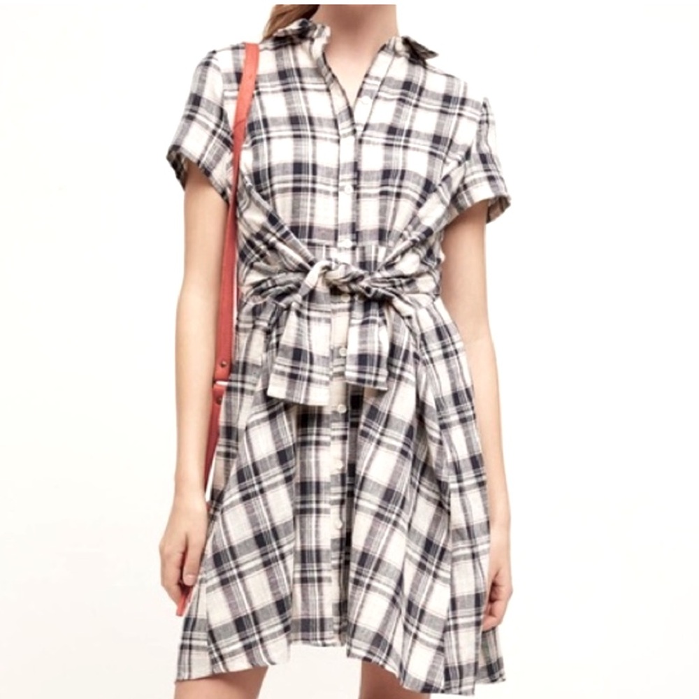 Anthropologie White and Black Plaid Midi Shirt Dress